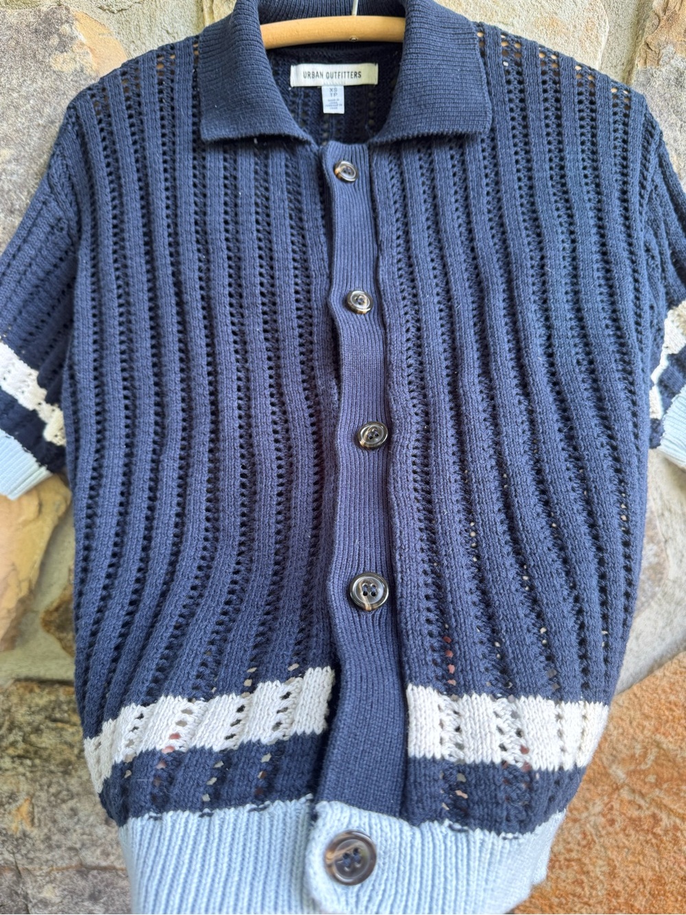 Urban Outfitters Navy Open-Knit Short Sleeve Button Cardigan 100% Cotton Dadcore - Picture 4 of 11